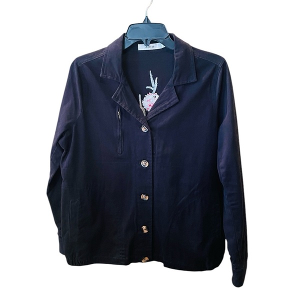 JustFab embroidered floral button jacket long sleeve pockets SZ M black pink - Picture 2 of 12
